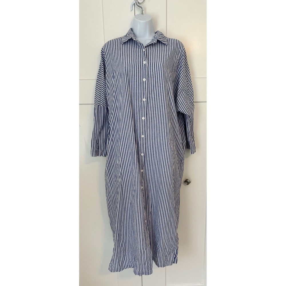 Chouyatou Women's Blue & White Striped 100% Cotton Button Down Shirt Dress Small